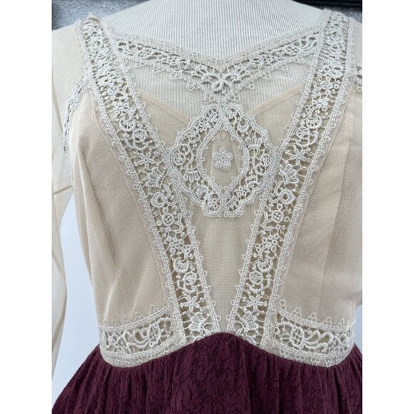 Free People Coquette Size 4 Burgundy Ivory Lace Long-Sleeve Bell Cuffs Lined - Picture 9 of 9